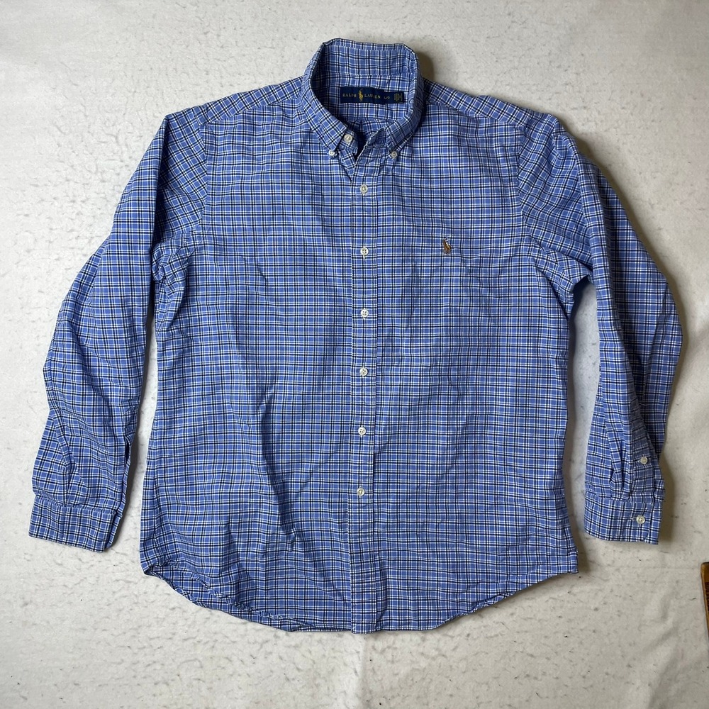 Ralph Lauren Mens Blue Plaid Button Down Shirt Large L Long Sleeve Cotton Pony